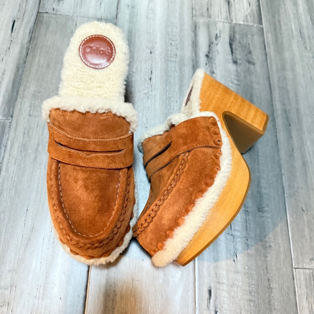 New - CHLOE Joy Clog Mouton Brown Shearling Size 39 Authenticated